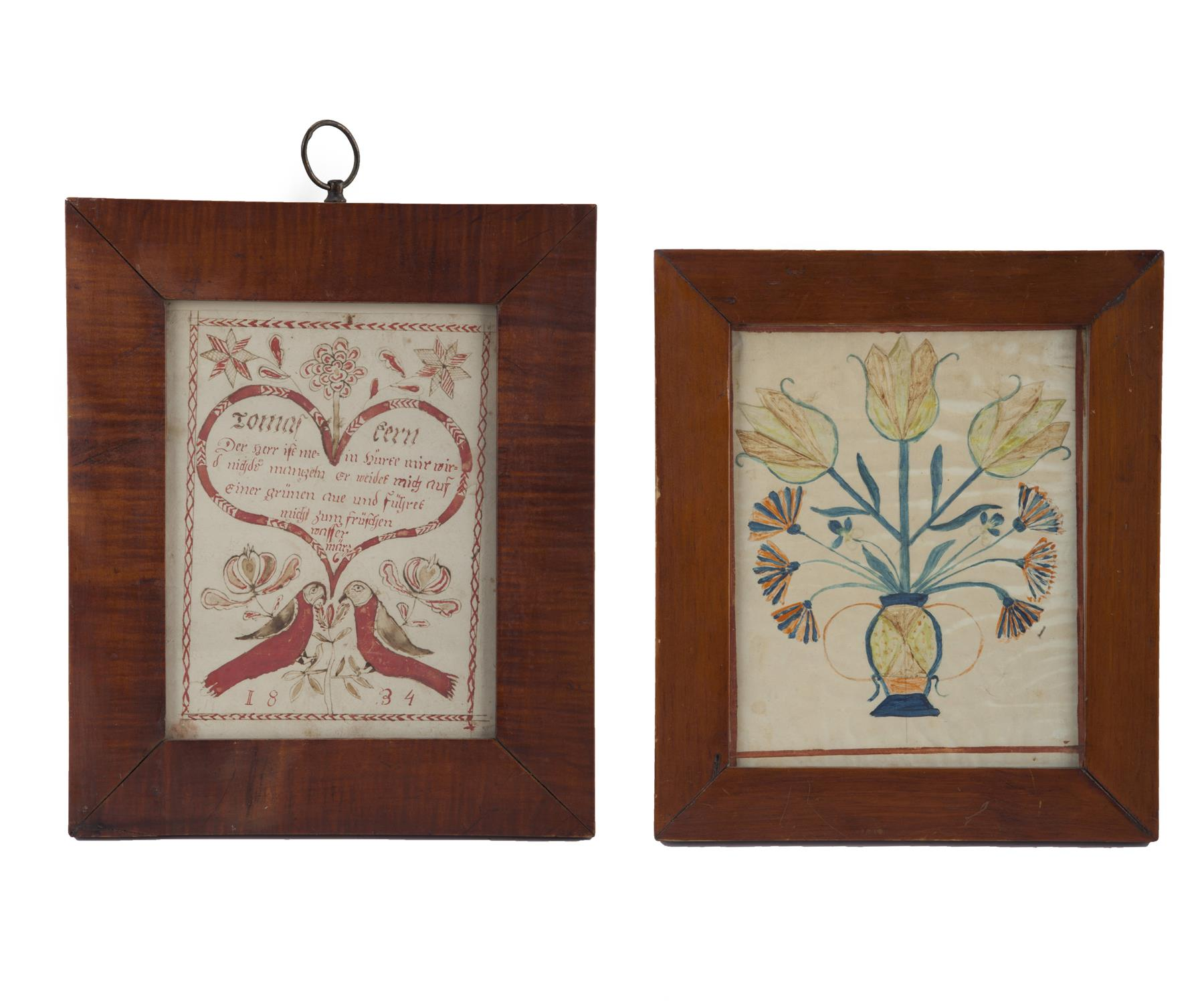 TWO AMERICAN WATERCOLORS Fraktur mid 19th century watercolor and pen