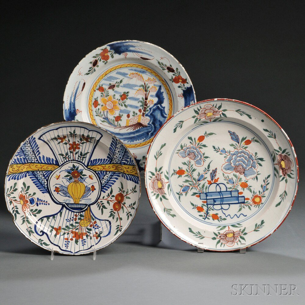 Three Dutch Delft Polychrome Decorated Chargers Holland 18th century each