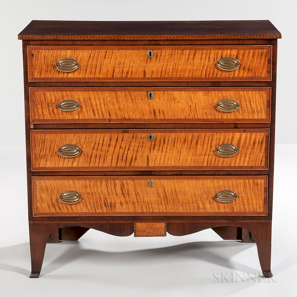 Inlaid Maple and Tiger Maple Chest of Four Drawers Inlaid