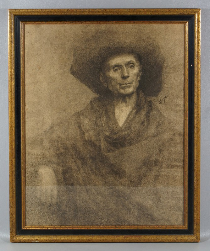 Indistinctly signed charcoal drawing European gentleman 19 1 4 x