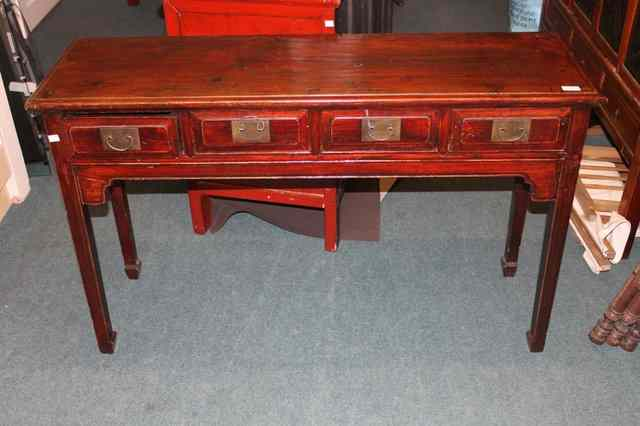 A CHINESE LACQUER SIDE TABLE fitted four drawers with iron