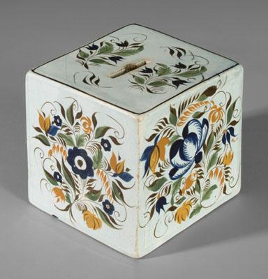 Square pearlware bank all sides top and bottom decorated with