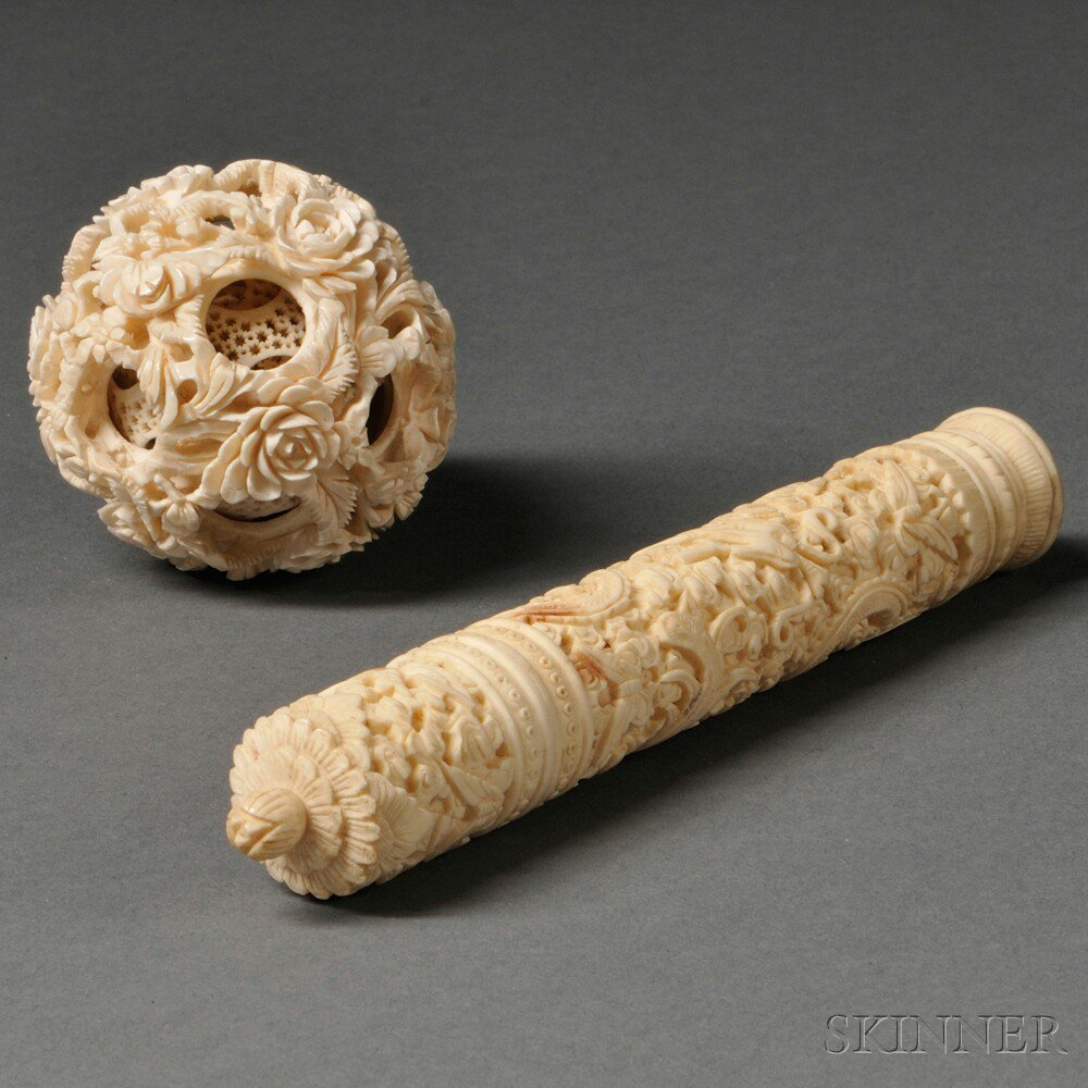 Ivory Puzzle Ball and Pen Case China 19th 20th century
