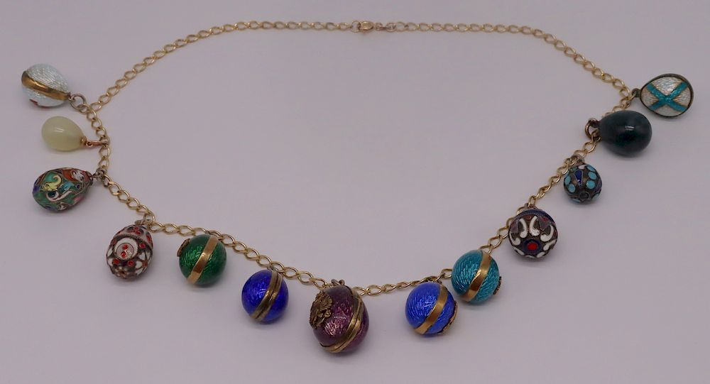 JEWELRY 14kt Gold Chain with 13 Faberge STYLE Egg Charms