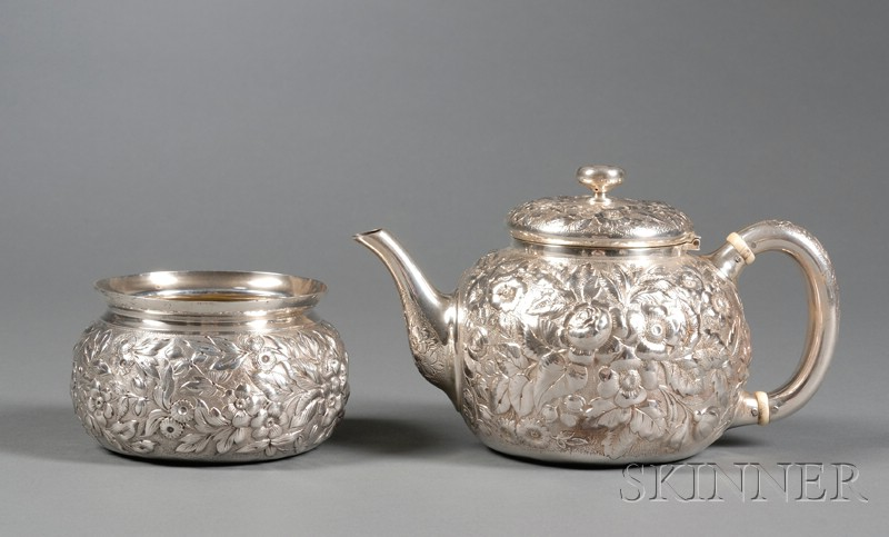 Whiting Manufacturing Co Sterling Repousse Teapot and Open Sugar Bowl