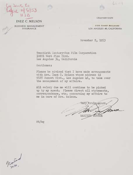 MARILYN MONROE Typed letter signed by Marilyn appointing Inez Melson