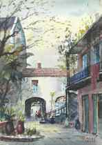 Nestor Hippoyle Fruge American born 1916 New Orleans Courtyard Watercolor