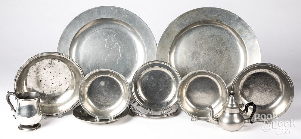 Large group of English and unmarked pewter Large group of