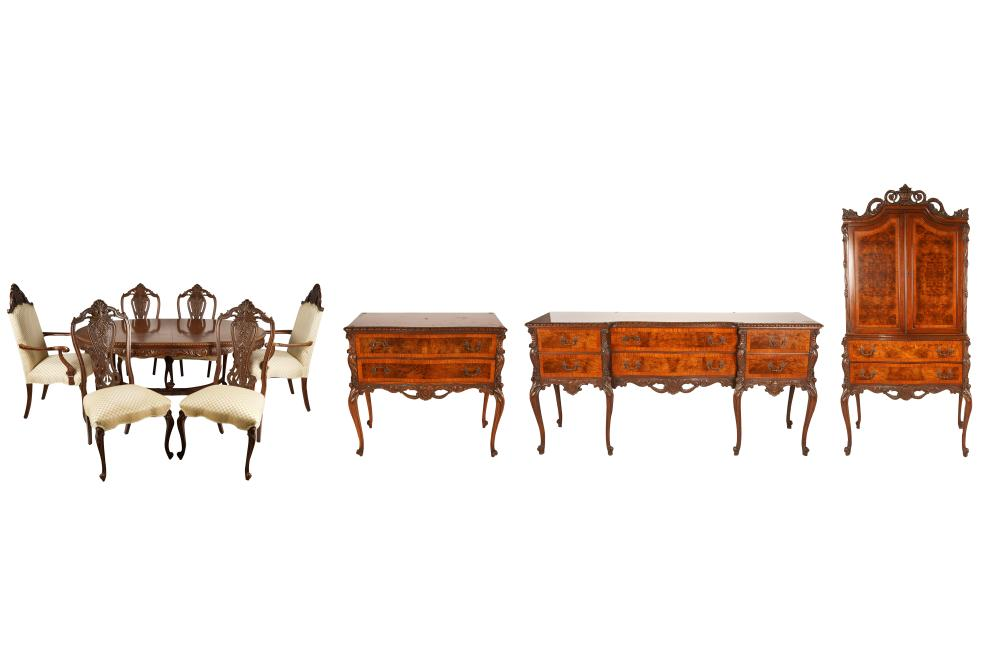 CARVED MAHOGANY DINING SETcirca 1920s comprising an oval table 69