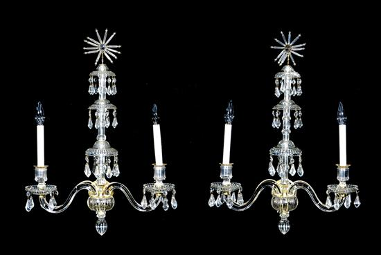 Pair crystal two light sconces last half 19th century tiered