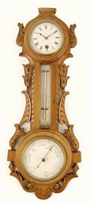 A late Victorian carved satin walnut clock thermometer barometer 22