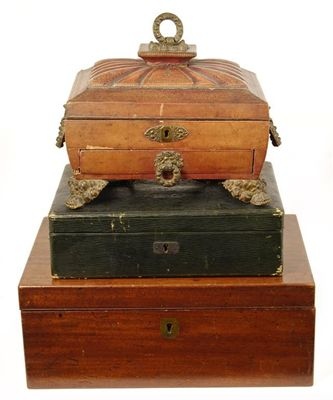 A late Regency gilt tooled leather covered sewing box with