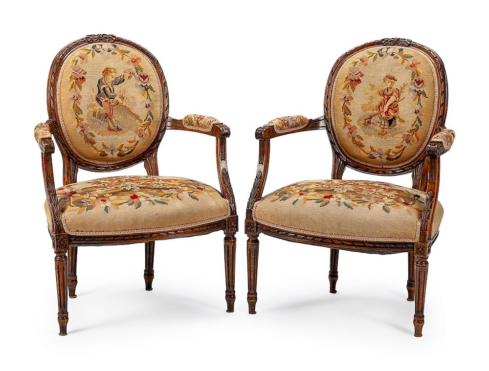 A Pair of Louis XVI Style Needlepoint Upholstered Fauteuils A