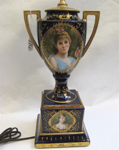 HAND PAINTED COBALT BLUE PORCELAIN TABLE LAMP cartouches with portraits