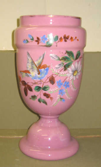 PINK AND WHITE OVERLAY GLASS VASE Footed with molded shoulder
