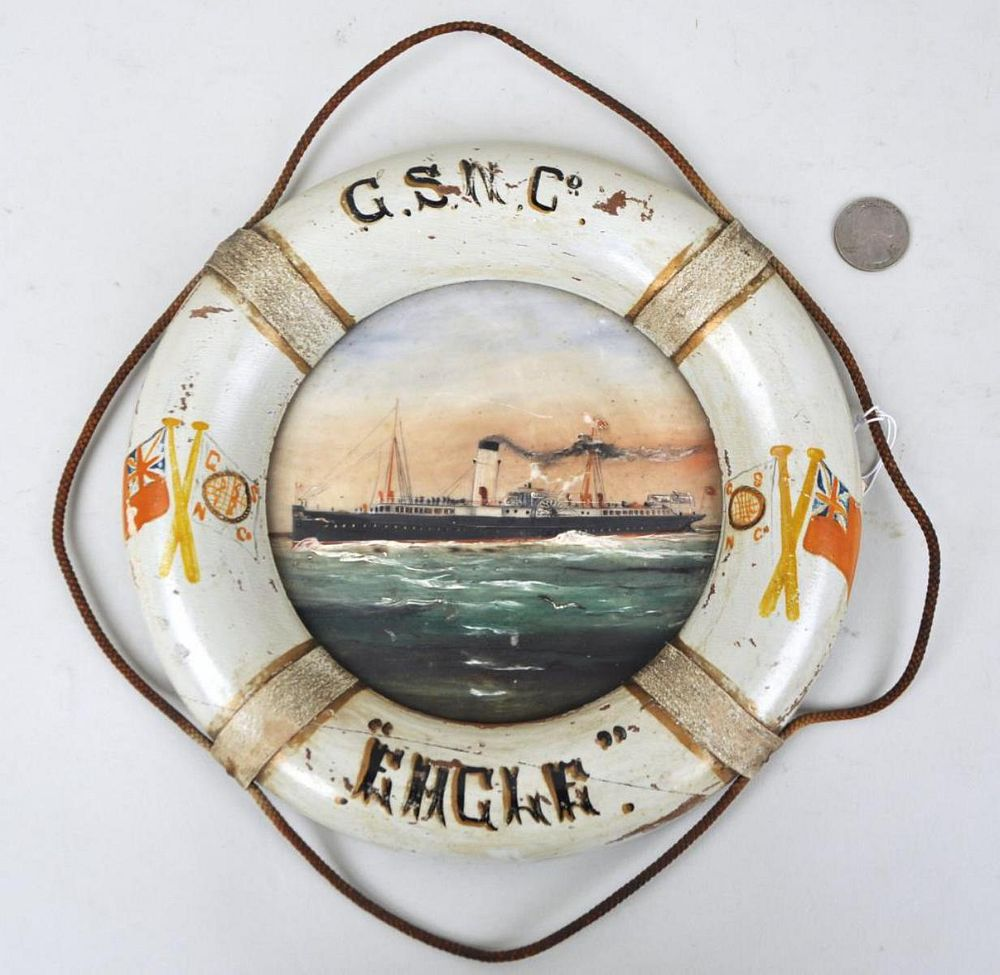 Ship Painting On Glass Life Preserver Frame unsigned GSN Co