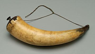 Decorated powder horn turned wooden plugs scrimshaw decoration with eagle