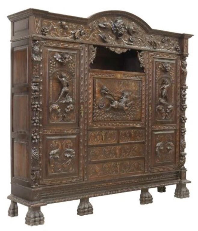 Spanish Renaissance Revival secretary bookcase early 20th c molded cornice