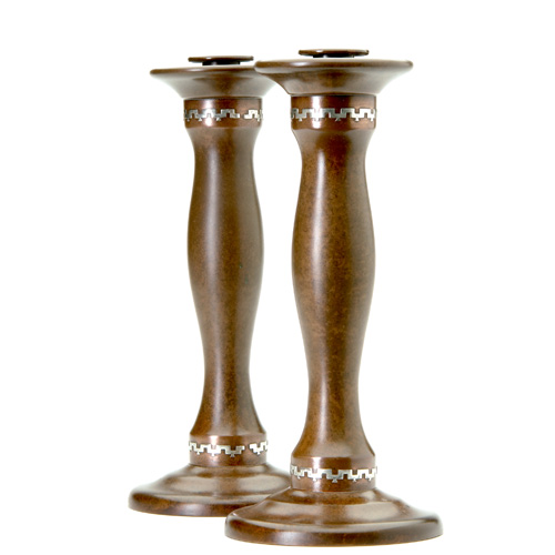 HEINTZ Sterling on Bronze pair of tall candlesticks overlaid with