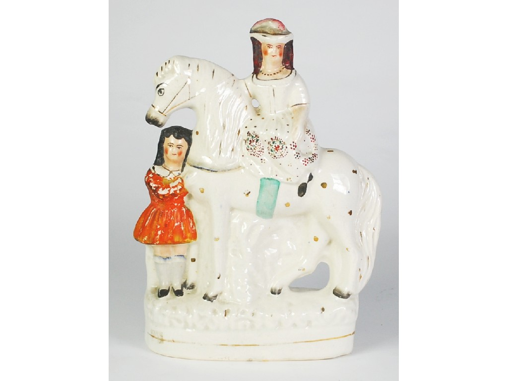 NINETEENTH CENTURY STAFFORDSHIRE FLAT BACK EQUESTRIAN POTTERY GROUP with two