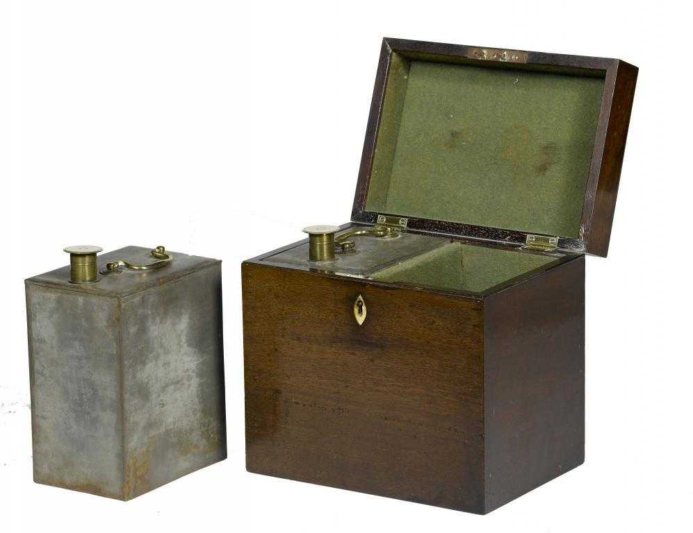 AN EARLY VICTORIAN MAHOGANY GUNPOWDER MAGAZINE the baize lined interior