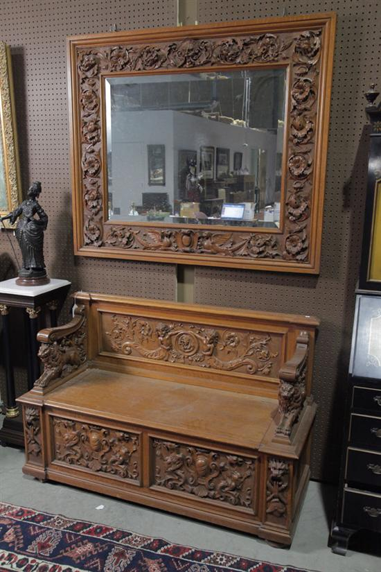 HALL BENCH AND MIRROR Both carved oak Mirror has a