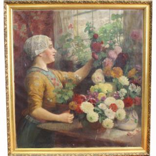 Signed 19th C French Woman w Flowers Signed 19th C