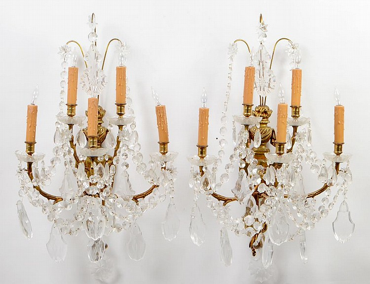PAIR OF GILT BRONZE CUT GLASS WALL LIGHTS1900 1930 The