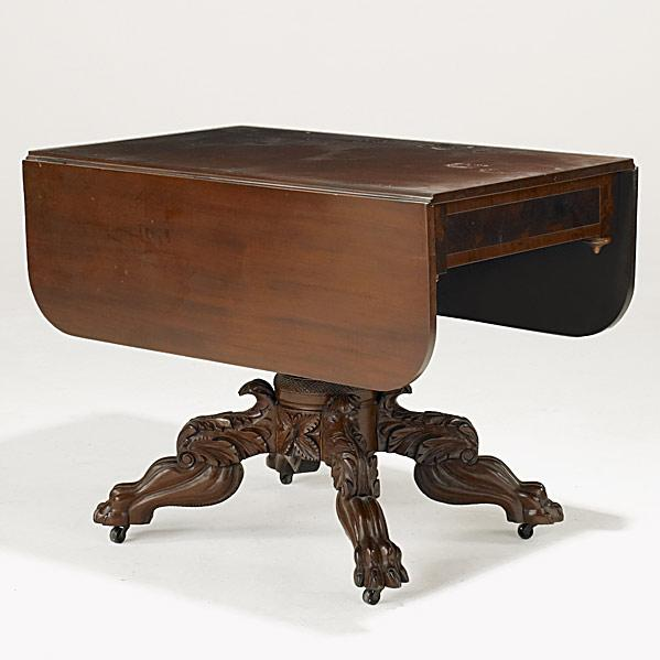 EMPIRE STYLE TABLEMahogany drop leaf carved claw foot pedestal 19th