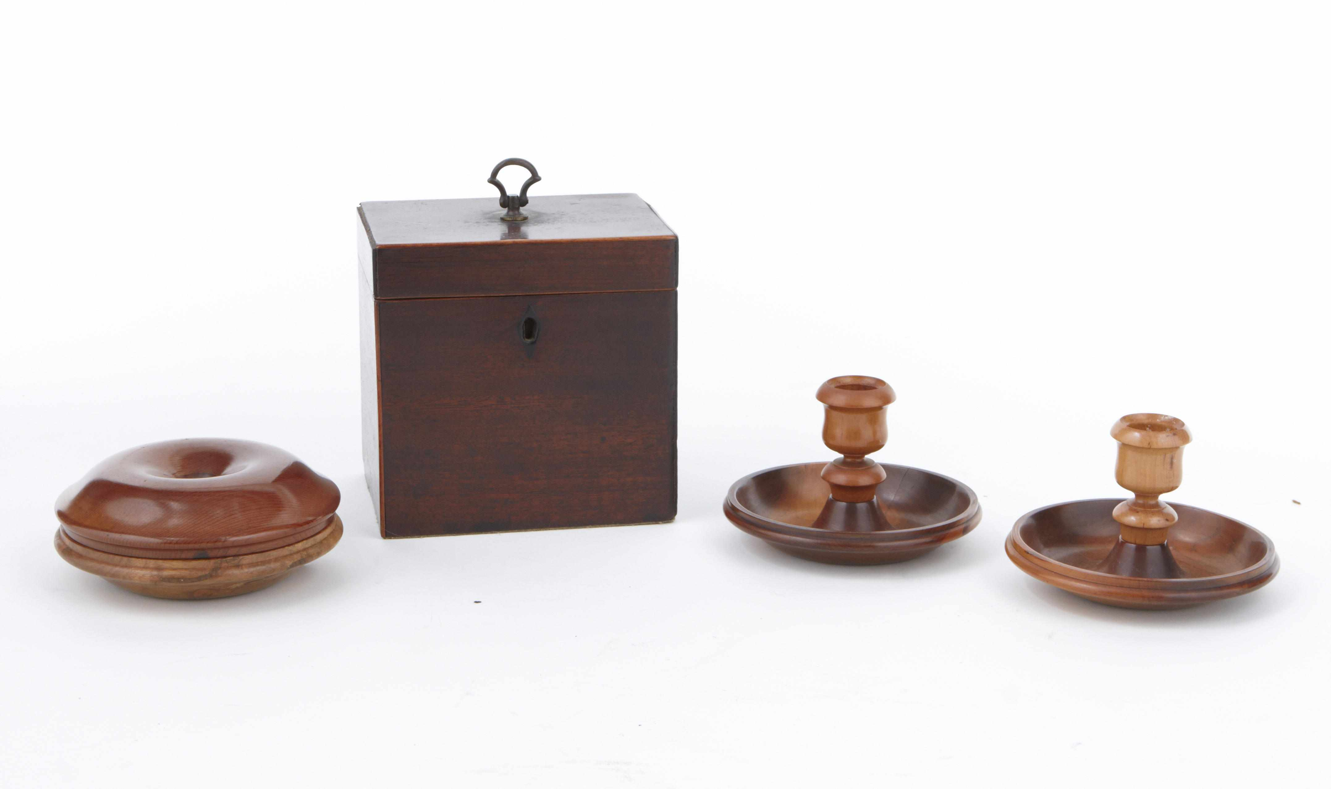 A Regency mahogany tea caddy and four English yew wood