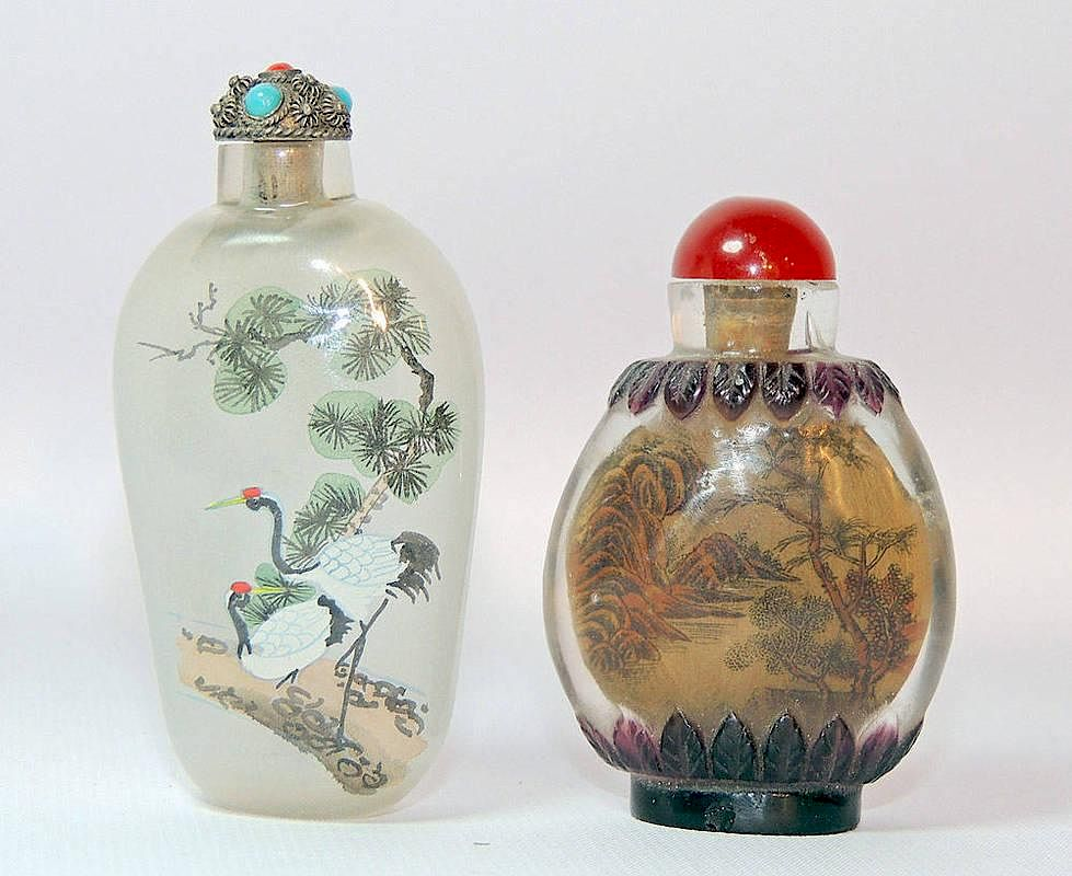 Two Interior Painted Glass Snuff Bottles Two interior painted glass