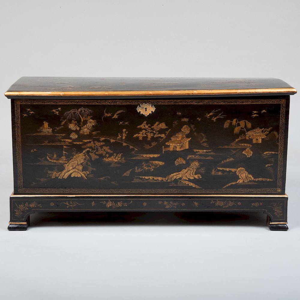 Chinese Export Black Lacquer and Parcel Gilt Chest on Stand