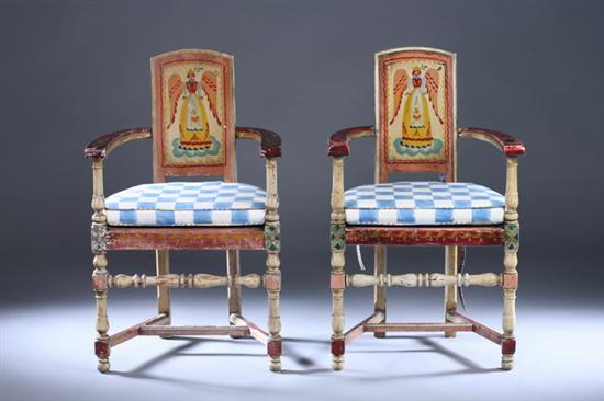 PAIR PAINTED PROVINCIAL STYLE PETER HUNT FAUTEUILS signed illegibly Anno