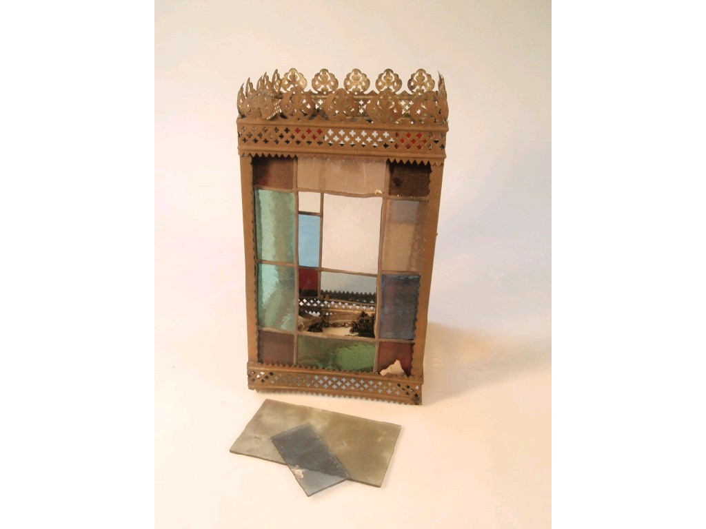 A Victorian stain glass and metal hall lantern with pierced