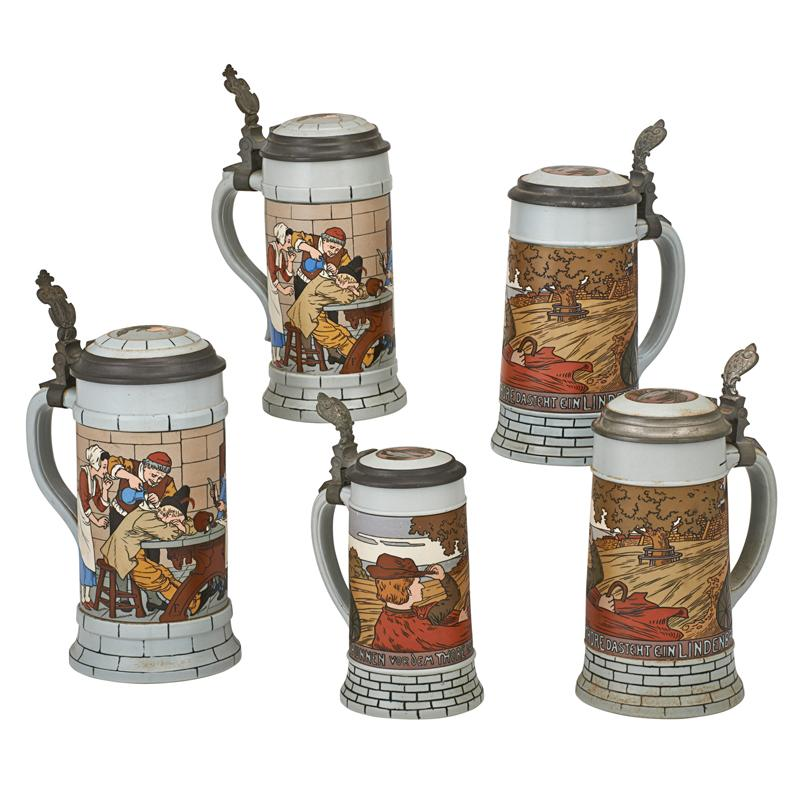METTLACH ETCHED STEINS Five Numbers 2833 3 10 liter two