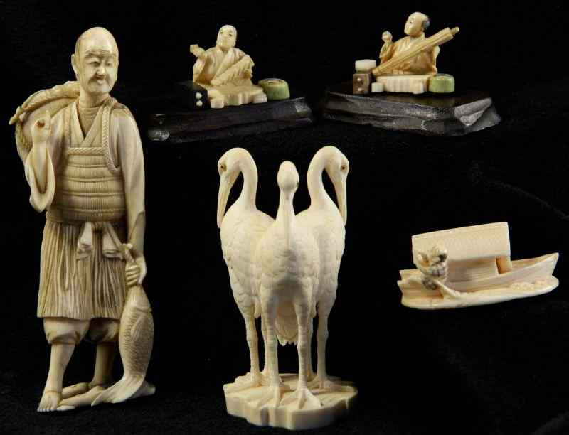 Group of Five Japanese Ivory Carvingsthe first an okimono of