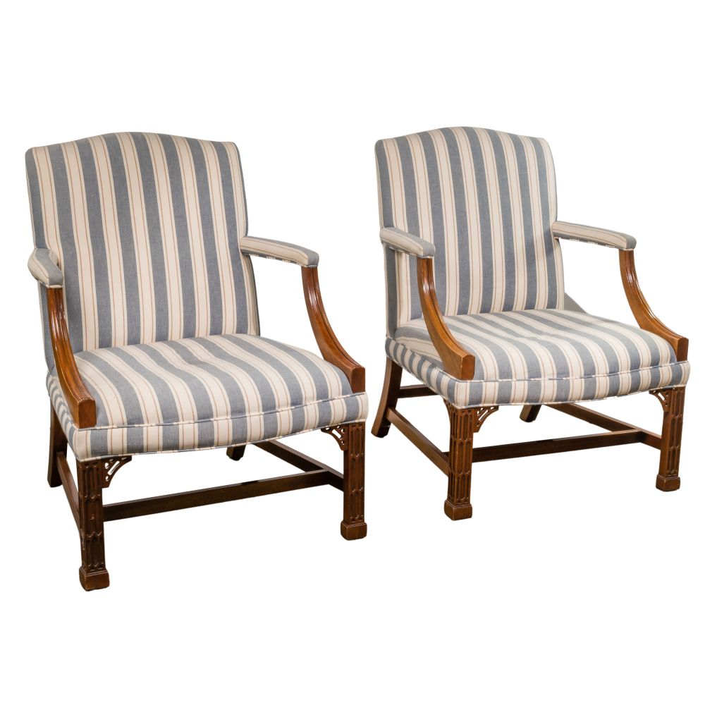 BAKER GAINSBOROUGH ARMCHAIRSPair having Chinese Chippendale style carved square legs