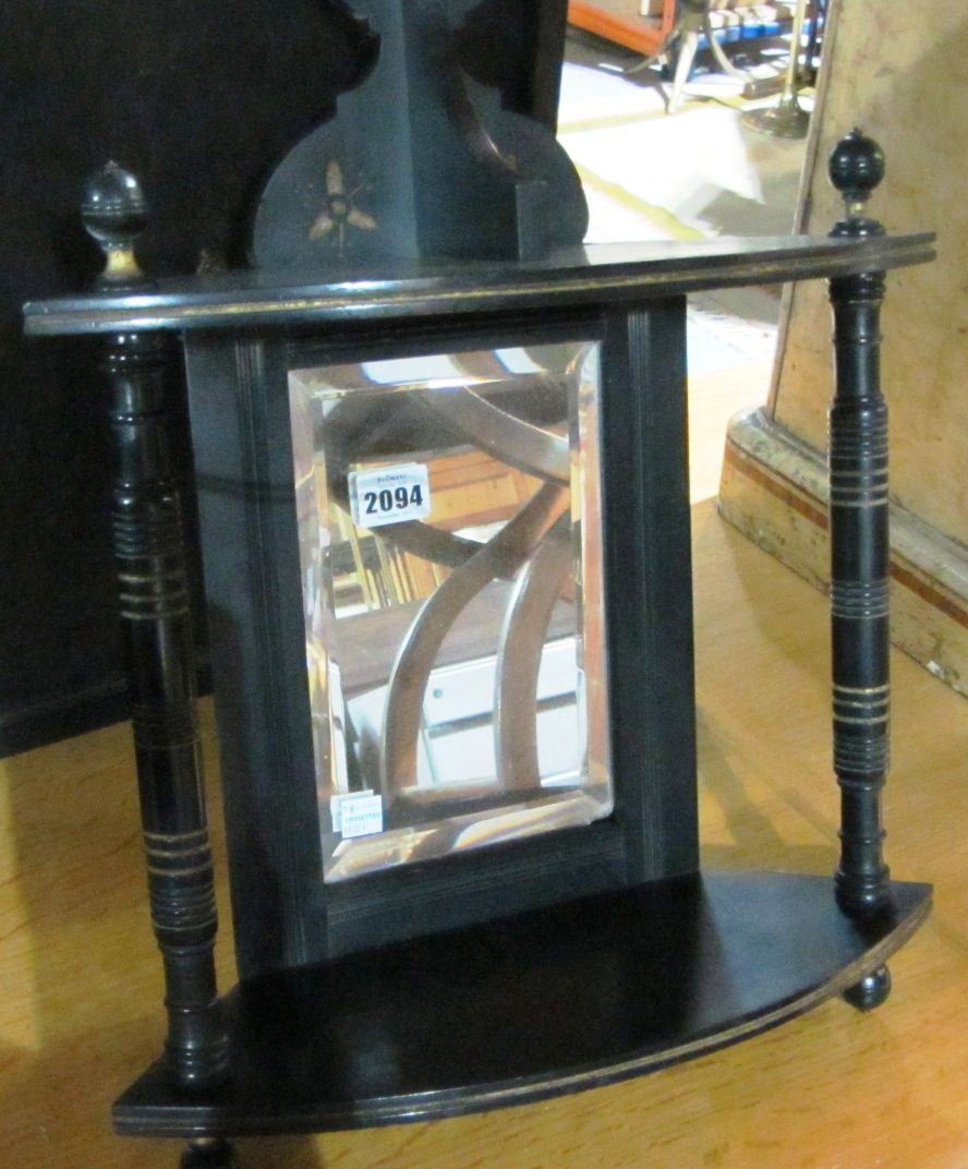 A 19th century ebonised corner wall shelf a mahogany lift
