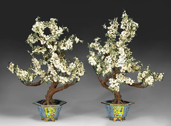 A pair of hardstone jewel trees in cloisonn enameled metal