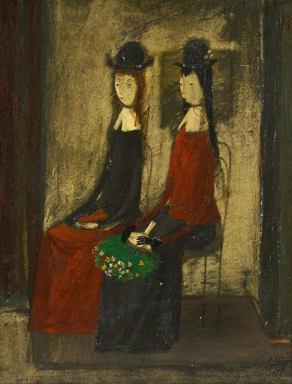 ANTONIO MENEGAZZO 1892 1974 TWO SEATED WOMEN1965 oil on board