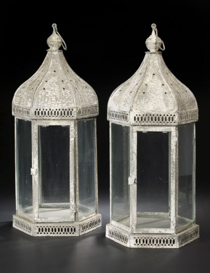 Tall Pair of English Hexagonal Pierced Glazed and Antique White