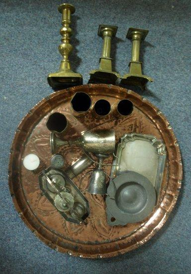 A pair of Corinthian column brass candlesticks and a quantity