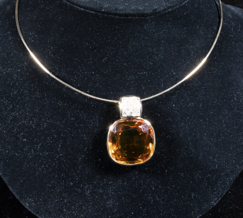 14K MADEIRA CITRINE TOPAZ DIAMOND PENDANT ON GOLD CHOKER Handmade
