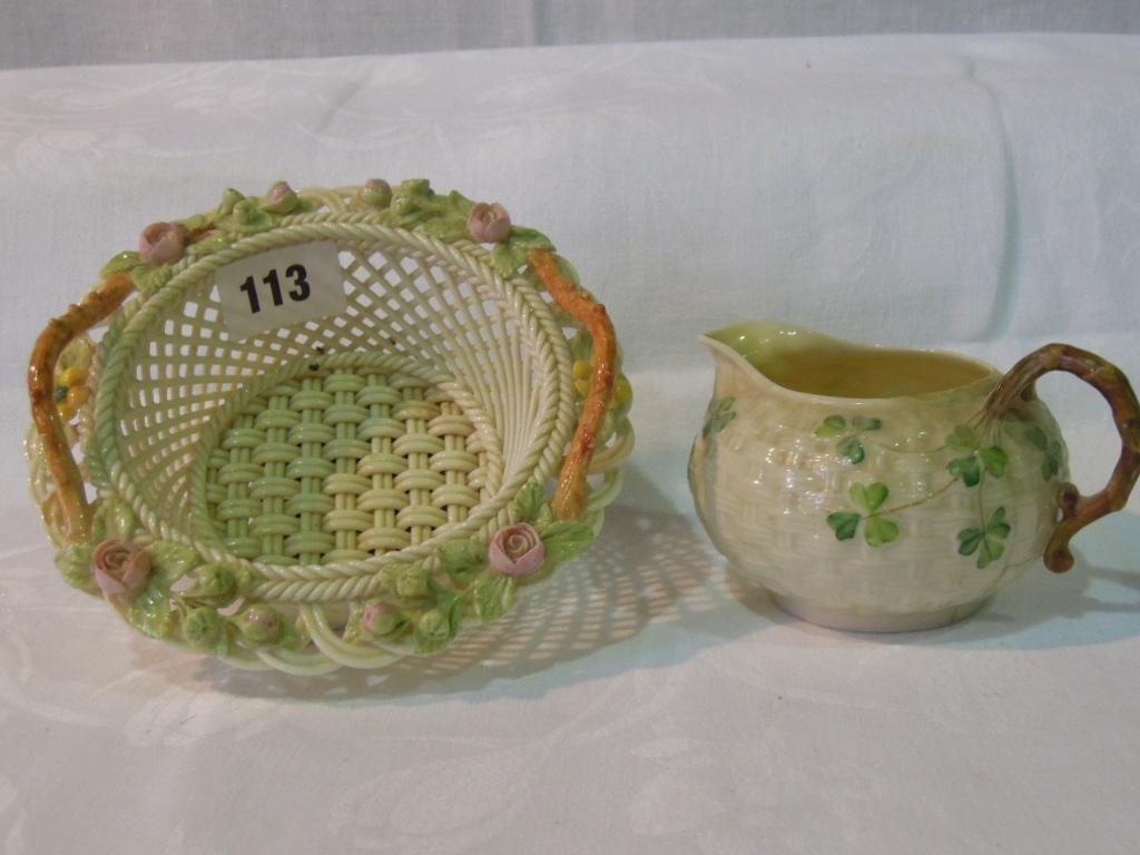 A Belleek two handled basket with lattice woven modelling and