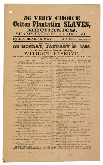 EXCEPTIONAL SLAVE SALE BROADSIDE SLAVERY AND ABOLITION BEARD J A
