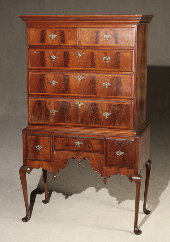 Queen Anne Feather Crossbanded and Matchbook Flame Walnut Veneered Highboy