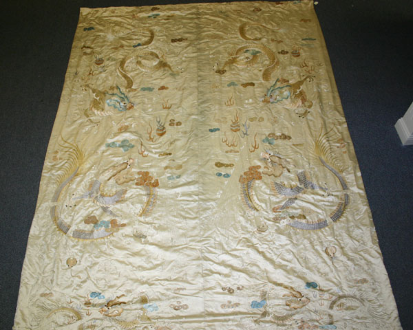 Silk panels depicting pairs of mythological beasts serpents Overall 117