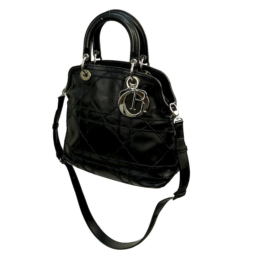 Dior Handbag Dior Black Cannage Leather Granville PM Handbag Silver
