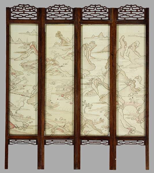 A four panel wood floor screen inset with silk kesi