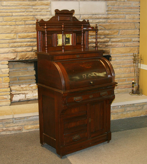 Victorian cylinder roll desk with gallery Eastlake style burled walnut